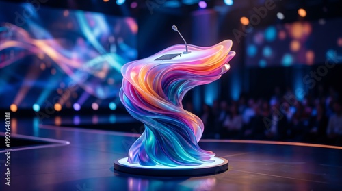 Vibrant podium with microphone on stage in a conference hall