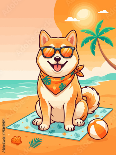 vector illustration of Happy shiba inu dog sitting with sunglasses, summer vibe, bright orange tones, minimal clean background