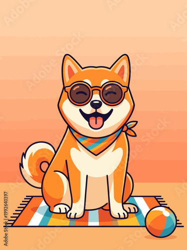 vector illustration of Happy shiba inu dog sitting with sunglasses, summer vibe, bright orange tones, minimal clean background