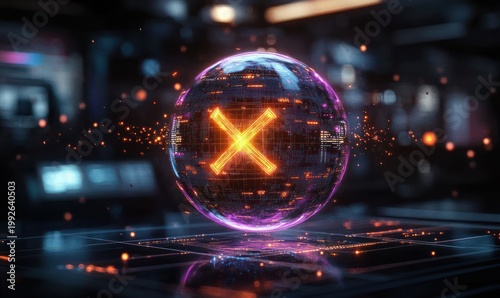 futuristic holographic globe with glowing orange cross at center, digital circuitry and sparks, neon purple rim, floating above reflective surface in a dark tech lab, tense warning mood