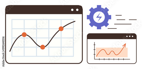 Business analysis, data tracking, performance improvement, technical development, monitoring growth, web analytics. Line graphs, growth charts and a gear icon concept. Business analysis