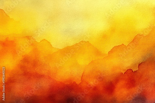 Warm watercolor landscape of layered mountains at glowing sunrise with misty orange and yellow tones, serene and peaceful mood