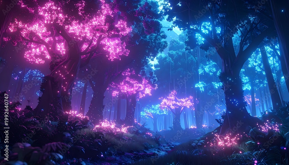 Fototapeta premium A vibrant, mystical forest with neon-lit trees