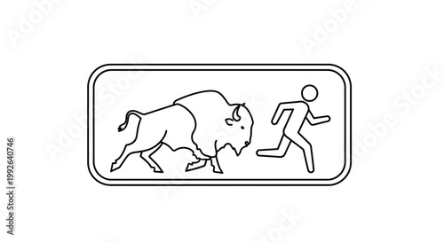 Bison Chasing Person, Danger Warning Sign, Wildlife Encounter, Outdoor Symbol