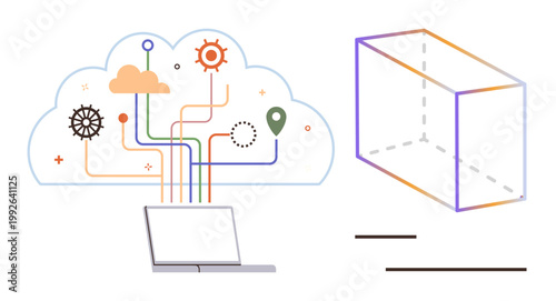 Cloud technology, data networks, digital transformation, innovation and development, future tech, and AI. Graphic of a cloud connected to a laptop with a transparent geometric cube. Cloud technology