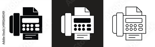 Set of linear fax machine icons with a handset and a paper sheet. Vector illustration.