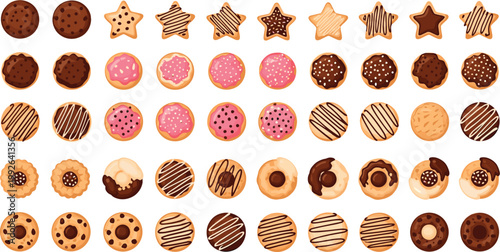 Cookie Vector Collection Featuring Assorted Shapes, Chocolate Chips, Sprinkles, and Decorative Baked Designs