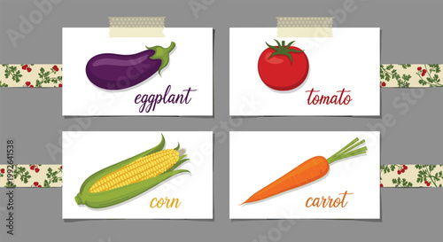 Collection of four garden vegetable cards showing eggplant, tomato, corn, and carrot are taped to a surface with floral patterned tape.
