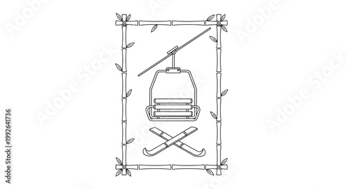 Ski lift chair and skis icon, framed by bamboo, winter sport symbol