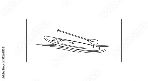 Stand Up Paddleboard and Paddle Line Art Illustration on Water