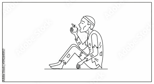 Starving man in rags eating an apple, concept of hunger and poverty