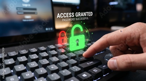 Access granted password successful login security concept with hand on keyboard