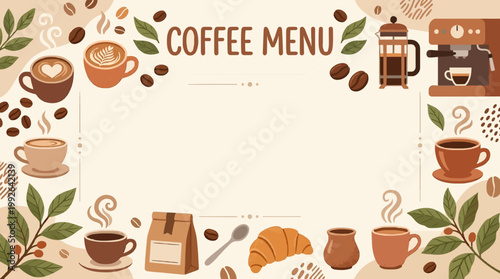 A decorative coffee menu background with various coffee cups, beans, machines, and pastries, perfect for a cafe or restaurant.