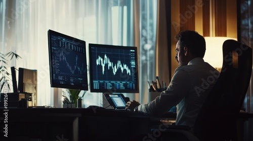 Financial advisor analyzing investment charts on multiple screens