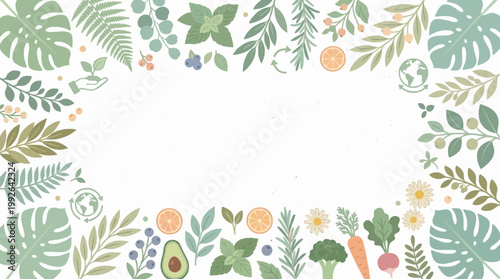 A vibrant border of green leaves, fresh fruits, and healthy vegetables surrounding a white copy space, symbolizing nature and eco-friendliness.