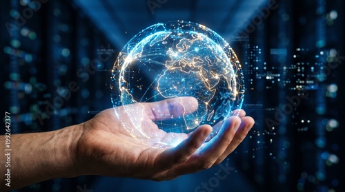 Hand holding digital globe with network connections and data points
