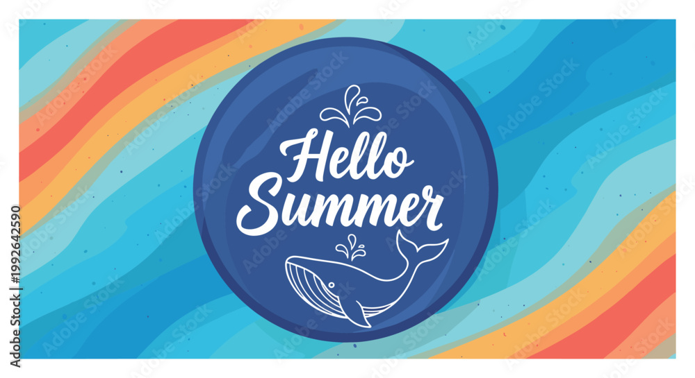 Obraz premium Hello summer greeting banner features a hand drawn whale illustration over a vibrant background of blue and orange wavy ocean patterns.
