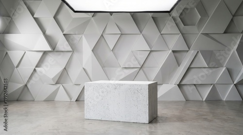 Modern minimalist interior design with geometric wall and concrete block