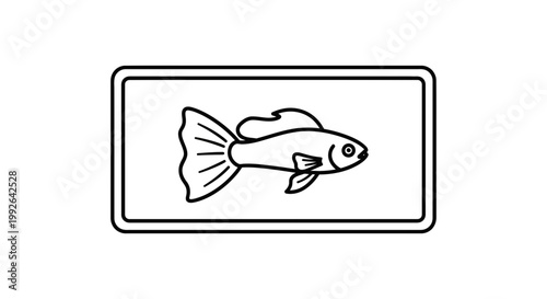Simple Line Art Icon of a Fish in a Rectangle Frame, Vector Illustration