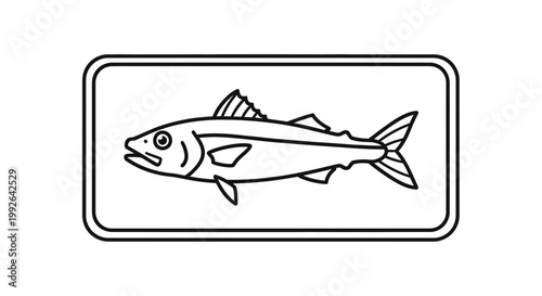 Simple Line Art Icon of a Fish in a Rectangle Frame, Vector Illustration