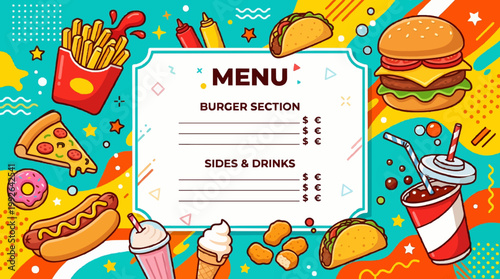 Fun Fast Food Menu Template: Burger, Pizza, Tacos, Drinks