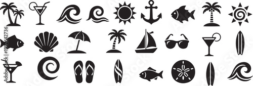 Beach Vacation Icons Set with Tropical Symbols