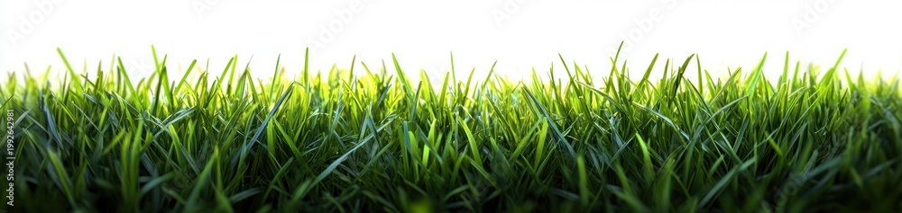 Obraz premium close-up of vibrant backlit green grass blades on a bright white background, evoking freshness and calm