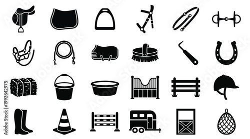 Black and White Horse Riding Icon Set on White Background