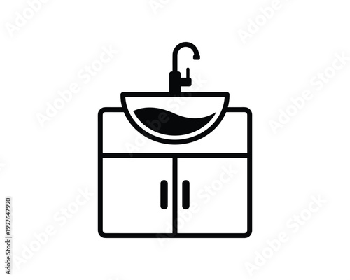 Minimalist bathroom sink with faucet and cabinet icon. A simple black outline drawing.