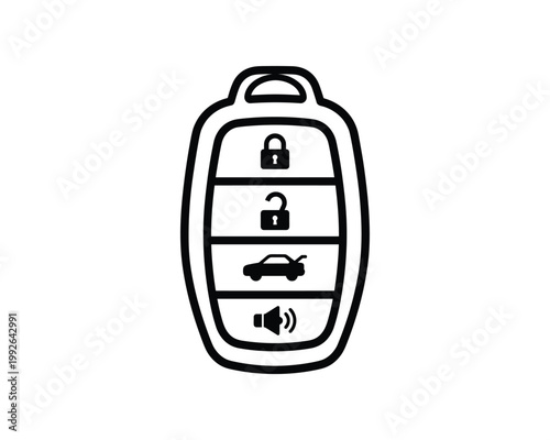 Minimalist black and white car key remote outline icon with control buttons.