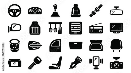 Black Icons of Car and Electronics on White Background
