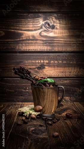 Wooden cup filled with coffee beans and plant stems on textured wooden backdrop