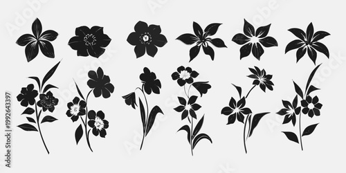 Variety of black floral silhouettes with differing petal structures and stems