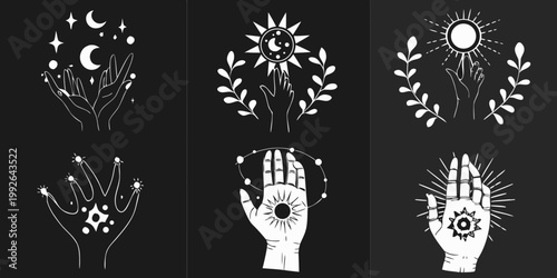 Celestial hands and botanical elements in a minimalist black and white style