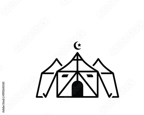 Minimalist Hajj tent vector icon features a central tent with Islamic crescent moon and star symbol.