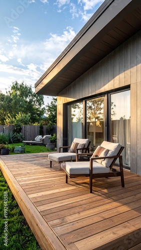 Wooden deck with lounge chairs outside a modern house under a blue sky
