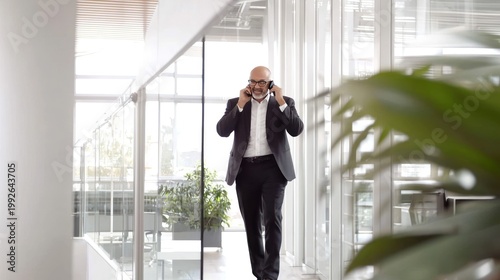 Confident CEO making business call in modern bright office