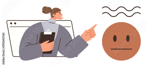 Online communication, emotional analysis, decision-making, mental process, feedback systems, human connection. Woman pointing with clipboard and neutral face icon. Online communication and emotional