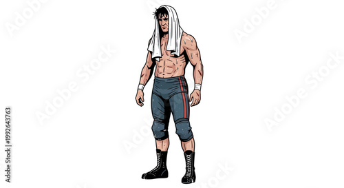 Wrestler with towel on shoulders, athletic build, standing, isolated on white background