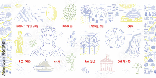 Illustrative depiction of iconic landmarks and elements of the Amalfi Coast