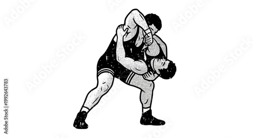 Wrestlers grappling, athletic competition, intense struggle, sports illustration