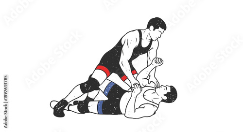 Wrestlers grappling on white background, one pinning the other in a wrestling hold