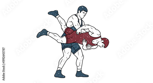 Wrestlers locked in a grappling hold with one lifting the other
