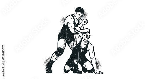Wrestling match, wrestlers grappling, vintage illustration style