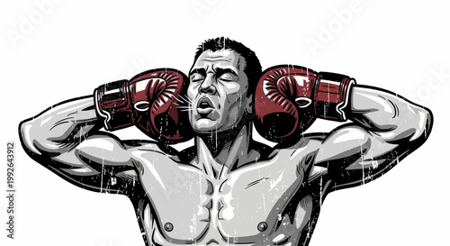 Boxer with clenched fists, intense concentration, white background