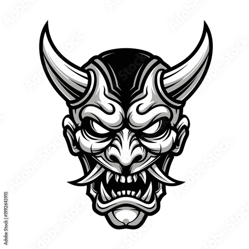 Intricate Japanese Hannya Mask Illustration with Horns and Fangs.