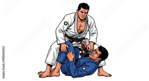 Brazilian Jiu-Jitsu fighters sparring, one in guard position