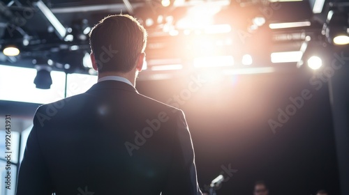 Confident CEO preparing for press conference in elegant corporate setting