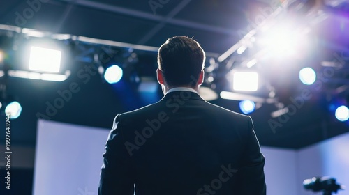 Confident CEO prepares for press conference in elegant corporate setting