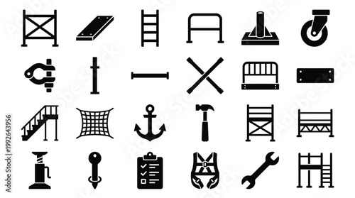 Black Industrial Construction Icons on White Background
